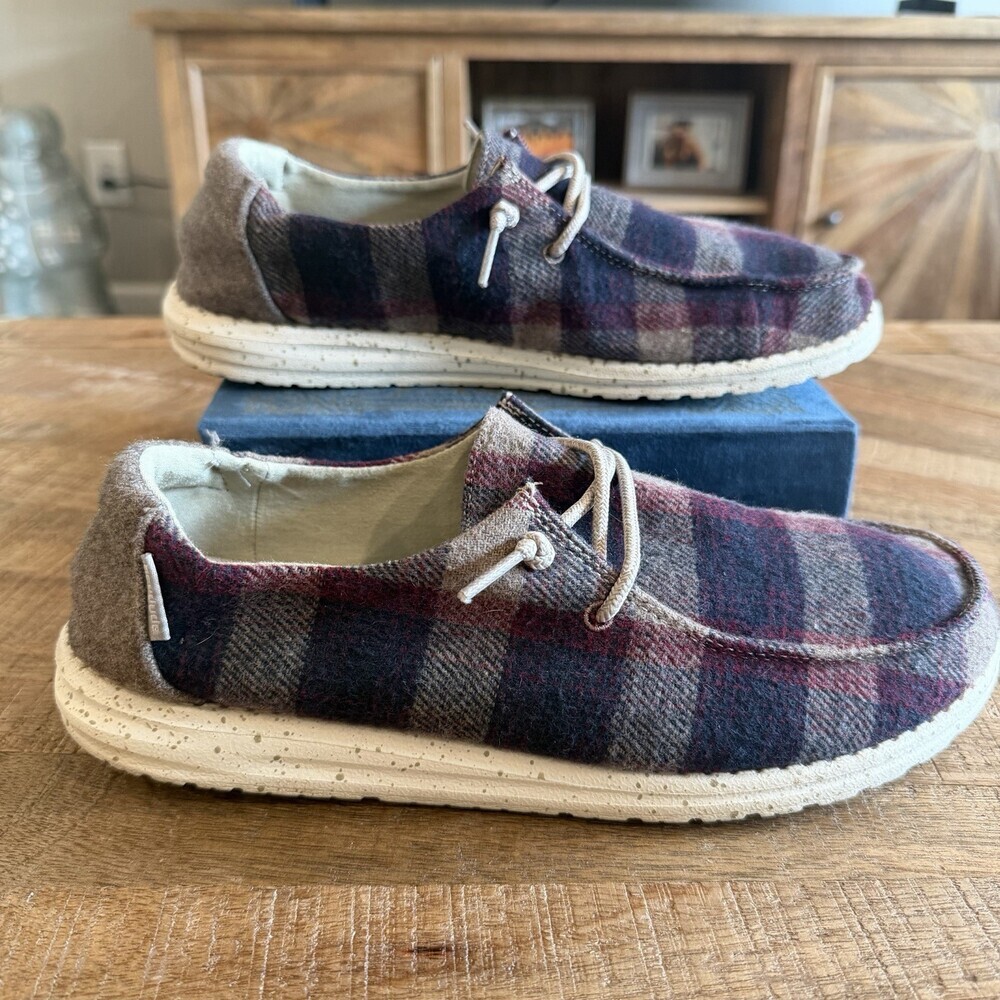 Hey Dude Wendy Fleece Plaid Womens Size 11 Burgundy Tan Slip On Shoes EU 42